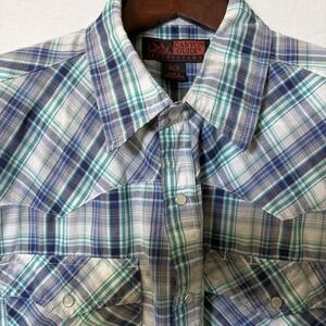 Canyon Guide Outfitters Mens XLG Blue Pearl Snap Plaid Button Short Sleeve Shirt
